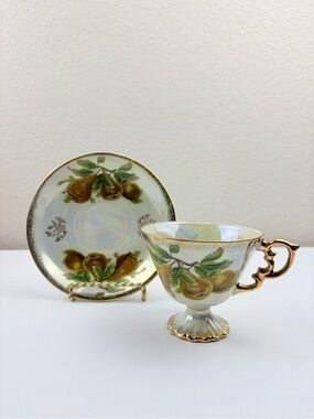 Vintage Wales Japan Lusterware Teacup & Saucer Set with Yellow Apple & Gold Trim